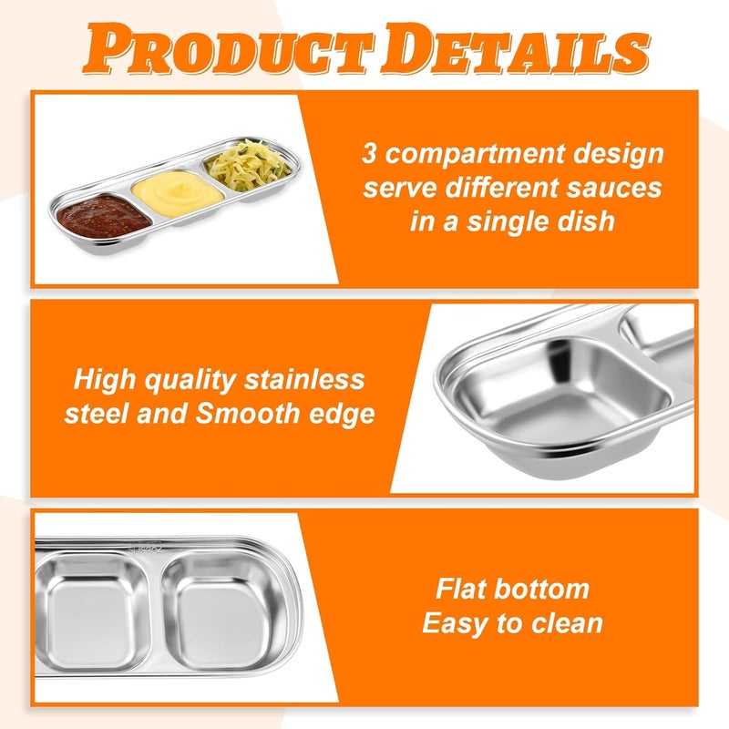 Zelphvt 12 Packs Stainless Steel Divided Dip Bowls Soy Sauce Dishes, Divided Serving Tray Chip and Dip Serving Set, 3 Compartment Sauce Plate Seasoning Dipping Condiment Tray for BBQ Vinegar Spice Sugar - Image 3